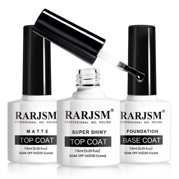 RARJSM Matte Gel Top Coat and Base Coat Glossy Shine Top Coat Gel Nail Polish 7.5ml 3PCS Set UV LED Curing Required Shiny Gel Polish Long Lasting Soak off Home DIY Salon Manicure Professional Use
