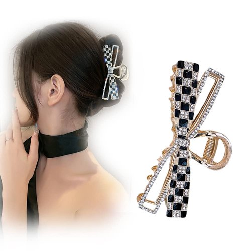 Checkered Hair Clip, Metal Hair Claw Clips ， Checkered Rhinestone Hair Clips，Sparkly Hold Hair Jaw Clips Accessories for Women Girls Headwear Gifts