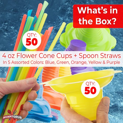 Super Cute Reusable 4oz Flower Cups With Straw 50pk. Colorful Leak Proof Bowls Perfect Snow Cone Supply for Kids Birthday Party or Summer Cookout. Easy Grip Bowl For Shaved Ice, Snacks, Ice Cream.