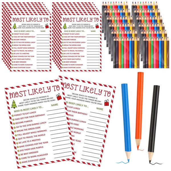 JellyArch 60 Pcs Christmas Party Games for Adults 30 Christmas Most Likely to Game Cards with 30 Colored Pencils Team Building Games for Holiday Family Group Office Coworkers