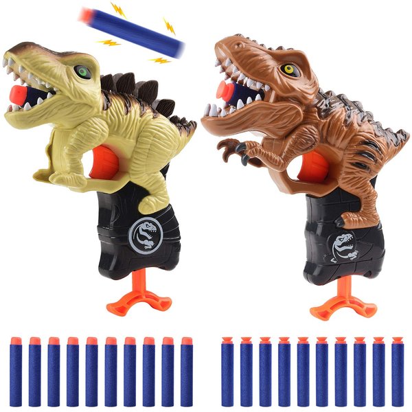2 Pack Dinosaur Blaster Gun Toys for Toddlers 3 4 5 6 Year Old Birthday Gifts Christmas Stocking Stuffers, Small Dino Guns for Boys Age 3-5-7 with Soft Foam Darts Compatible with Nerf Guns