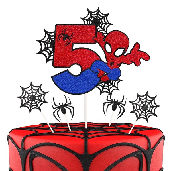 7 Pcs Cake Toppers, Cartoon Heroes Spider Pattern Birthday Cake Toppers, Personalised 5th Birthday Cake Topper, Double Sided Glitter Cupcake Topper Birthday Party Decorations for Boys Children Kids