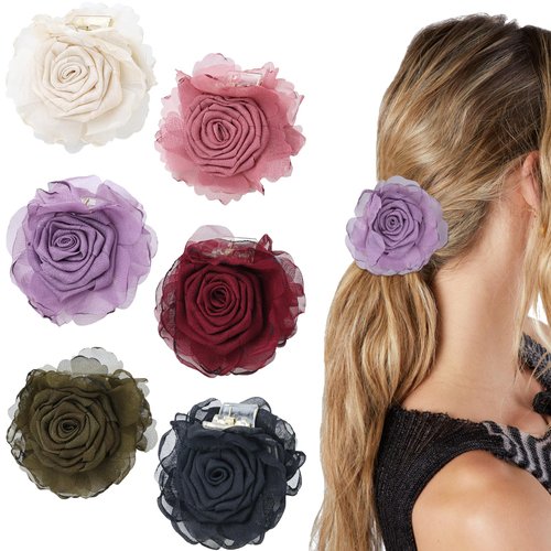 inSowni 6 Pieces Mesh Rose Flower Hair Claws Clips Non Slip Plastic Hair Barrettes Clamps Accessories for Women Girls