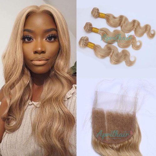 Aprilhair 8A Machine Double Weft Raw Brazilian Virgin Human Hair Extensions Honey Blonde #27 Body Wave 3 Bundles (20 22 24)
