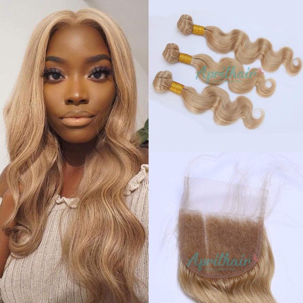 Aprilhair 8A Machine Double Weft Raw Brazilian Virgin Human Hair Extensions Honey Blonde #27 Body Wave 3 Bundles (20 22 24)