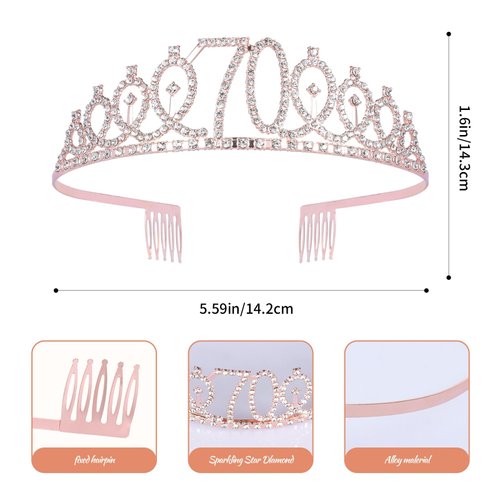 JasperKino 70th Birthday Sash and Tiara Set Rose Gold Birthday Sash Crown Birthday Party Favors Supplies for Girls Birthday Party