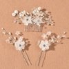 CASOLVX Bridal Ceramic Flower Hair Comb Crystal Headside Comb Set Rice Bead U-shaped Hairpin Wedding Accessories for Bride and Bridesmaids 3PCS