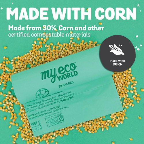 MyEcoWorld® Compostable Yard and Kitchen Waste Bags - 12 Count - 100% Certified Compostable - 33 Gallon - Super Strong - Waterproof - Unscented - Easy to Open