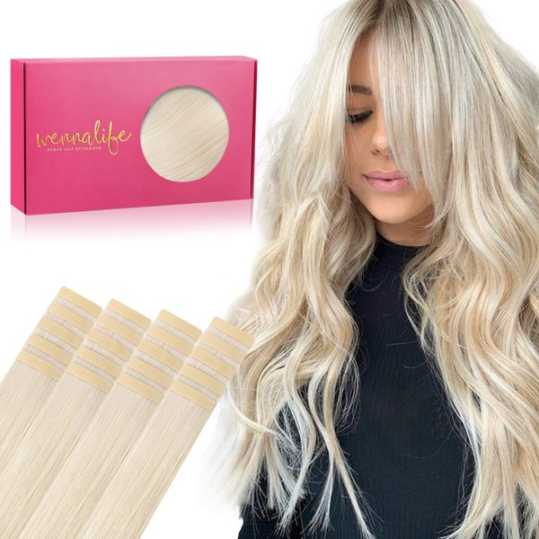 WENNALIFE Tape in Hair Extensions Human Hair, 20pcs 50g 14 inch Platinum Blonde Remy Hair Extensions Straight Human Hair Tape in Extensions Skin Weft Tape Extensions Human Hair
