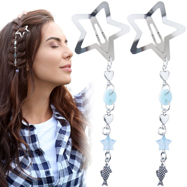 Isslly 2 Pcs Star Snap Hair Clips, Star Moon Beaded Pendant Hair Barrettes for Women, Girls, Metal Star Hair Styling Accessories for Parties, Daily Use