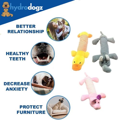 Hydrodogz 5 Pack Squeaky Plush Puppy Dog Chew Toy Assortment Animal Bundle Elephant, Pig, Duck, Cute Interactive Teething Toys for All Breeds and Sizes