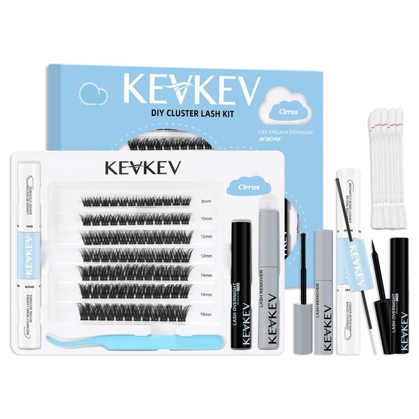 KevKev DIY Lash Extension Kit Lash Clusters Kit 84 Pcs Cluster Lashes with Lash Bond and Seal Lash Glue Remover Overnighter Seal and Applicator for DIY Eyelash Extension(Cirrus Kit,D-8-16mix)