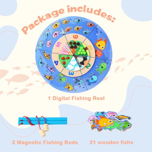 Adena Montessori Wooden Magnetic Fishing Game,Fine Motor Skill Touch Training for 3 Years Old Kids,Fish Counting Puzzle with Numbers and Different Materials,Preschool Learning Educational Toy