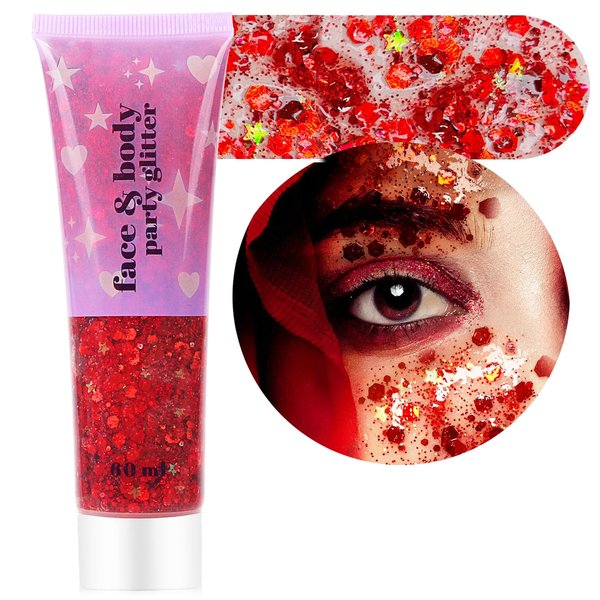ANGXILIN High Capacity 60ML Chunky and Fine Mixed Face Body Glitter with Gel for Singer Concerts Rave Party Makeup,Quick Dry and Long Lasting Holographic Iridescent Sequins Glitter Gel (red)