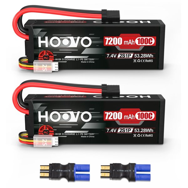 HOOVO 2S Lipo Battery 7.4V 7200mAh 100C RC Lipo Battery Pack Hard Case with TR Plug Compatible with 1/8 and 1/10 RC Truck Vehicles RC Car Truggy Buggy Racing Models-2 Pack