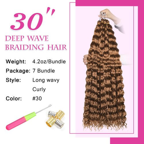 Bileaf Water Wave Crochet Hair Brown Soft Curly Braiding Hair for Knotless Boho Goddess Locs Braids Synthetic Hair Extensions, Long Braiding Hair Deep Wavy Crochet Hair for Braids 30 Inch 7 Packs