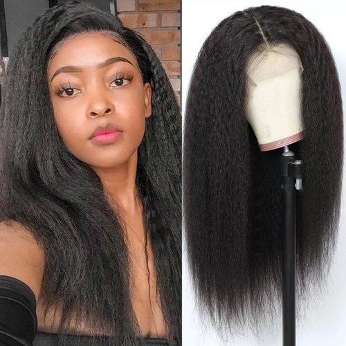 Kinky Straight Wig 13x4 Lace Front Wigs Human Hair for Women，18 inch Glueless Kinky Straight Human Hair Wig Pre Plucked HairLine with Baby Hair,180% Density Yaki Straight Wigs Natural Black Color