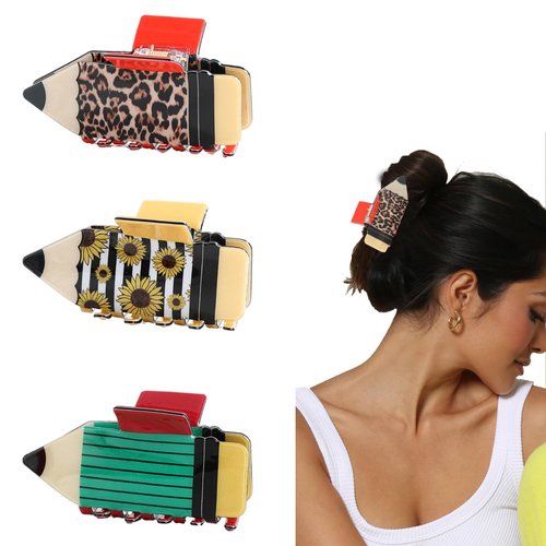 AUDTOPE 3 Pack Pencil Hair Claw Clips for Women Girls, 3.3” Teacher Appreciation Hair Claw Clips Leopard Sunflower Claw Hair Clips for Thick Thin Hair Strong Hold Claw Clips Fun Hair Accessories