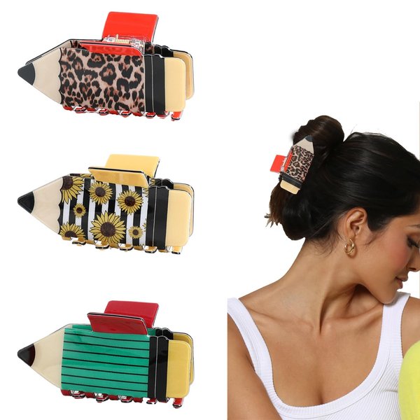 AUDTOPE 3 Pack Pencil Hair Claw Clips for Women Girls, 3.3” Teacher Appreciation Hair Claw Clips Leopard Sunflower Claw Hair Clips for Thick Thin Hair Strong Hold Claw Clips Fun Hair Accessories