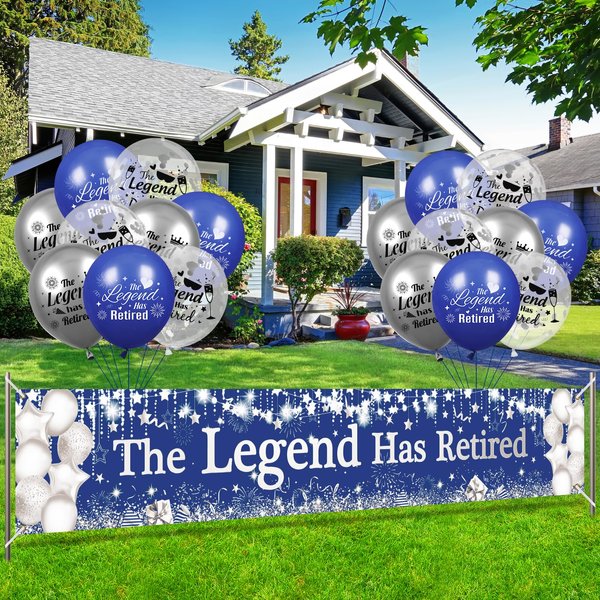 Retirement Party Decorations The Legend Has Retired Banner Decorations Blue Silver Retirement Banner and 18pcs Happy Retirement Balloons Retirement Yard Sign for Men Women Retirement Party Supplies
