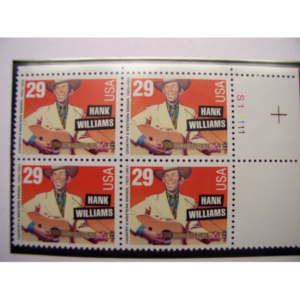 1993 HANK WILLIAMS #2723 Plate Block of 4 x 29 cents US Postage Stamps