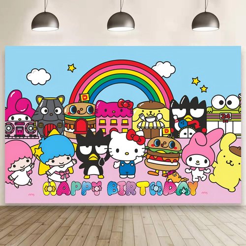 Kitty and Friends Background Birthday Decorations, Cinnamoroll Happy Birthday Banner Backdrop for My Melody Keroppi Birthday Party Supplies (5x3ft)