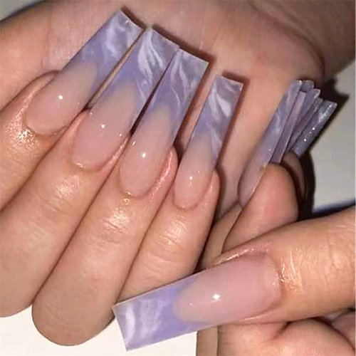 BAOYAALIN Long Square Press on Nails French Fake Glue on Nails with Blue Marble Design for Women Girls Full Cover Artificial Acrylic False Stick on Nail for Daily Wear Wedding 24Pcs