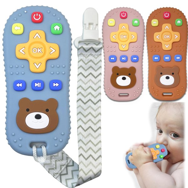 Pepicat Silicone Teething Toys with Anti Dropping String, Remote Control Teething Toys for Babies 0-6 Months, BPA Free Baby Teether, Infant Toys for Teething Relief, Baby Chew Toys, 3 Pack