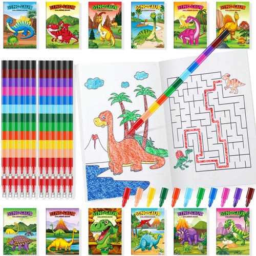 24 Pcs Dinosaur Mini Coloring Books Party Favors with 24 Stacking Crayons Dino Birthday Decor Drawing Books Bulk For Kids Dinosaur Jurassic Party Goodie Bag Gift Stuffer Classroom Activity Supplies