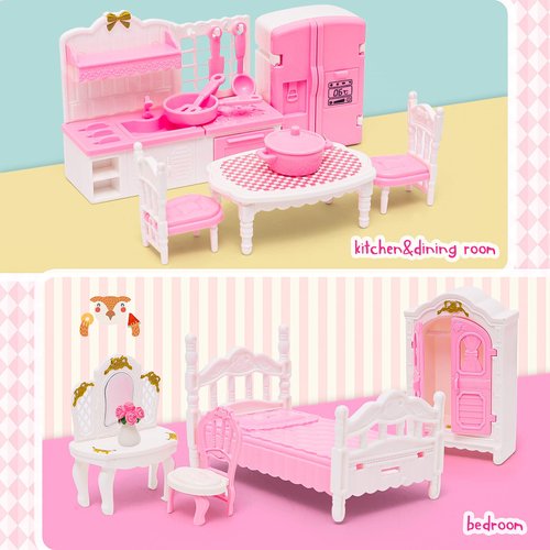 HAPGFS Doll House Mini Furniture 45 Pcs Dollhouse Furniture Set Accessories Pretend Play Bedroom Living Room Bathroom Kitchen for Kids Birthday and Christmas Mixed Color