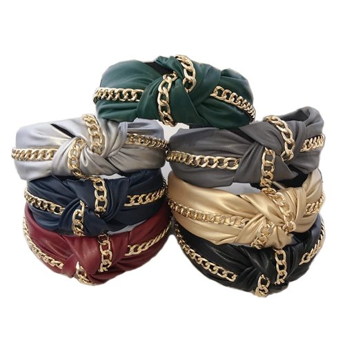 Wiwpar Knotted Headbands for Women Fashion Wide Headband Vintage Knotted Head Band Hair Hoop Hair Accessories with Metal Chain (Red)