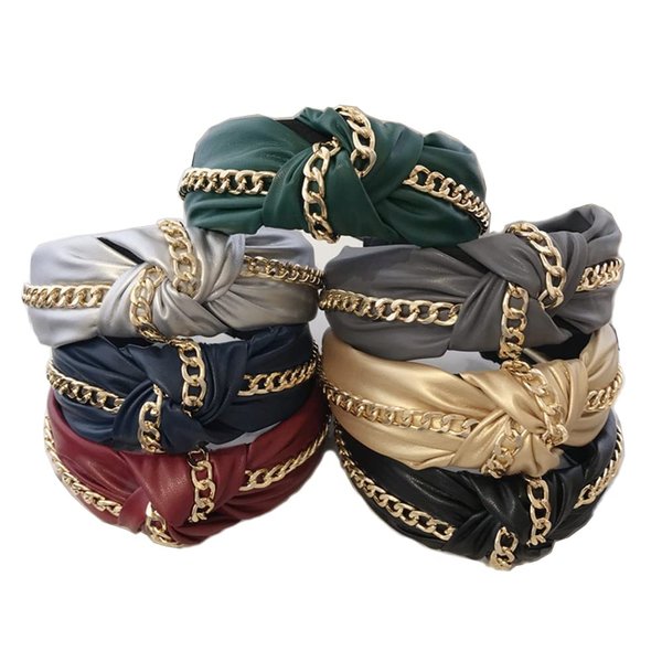 Wiwpar Knotted Headbands for Women Fashion Wide Headband Vintage Knotted Head Band Hair Hoop Hair Accessories with Metal Chain (Red)