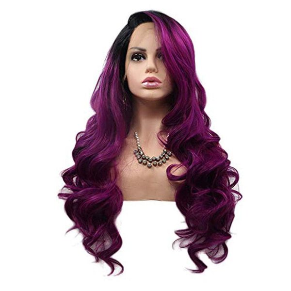 Melody Synthetic Lace Front Wigs Purple Body Wave With Dark Roots 180% Density Half Hand Tied Heat Resistant Fiber Hair for Women 24'' …
