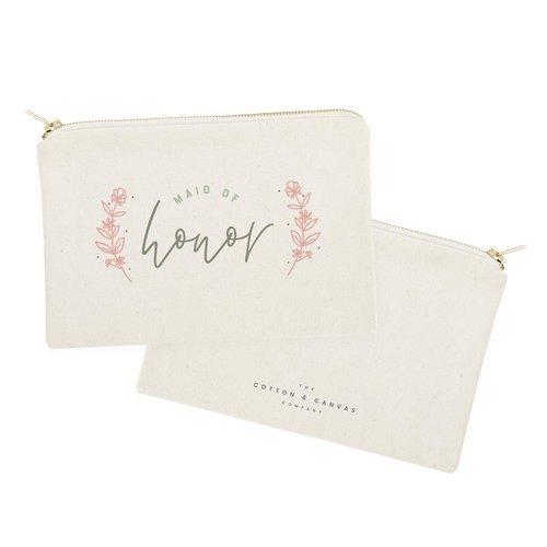 The Cotton & Canvas Co. Floral Maid of Honor Wedding Cosmetic Bag, Bridal Party Gift and Travel Make Up Pouch