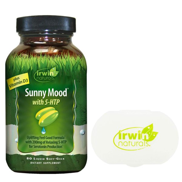 Irwin Naturals Sunny Mood with 5 HTP (80 Liquid Softgels) Supplements - Plus Vitamin D3 Mood and Stress Support Supplement - Bundle with Irwin Pill Case - Emotional Wellbeing, Positive Mood Support
