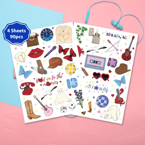 90 PCS Party Temporary Tattoos, 4 Sheets Tattoos, Party Tattoos Stickers, Birthday Party Accessory, Birthday Decorations, Party Supplies, Gift for Girls Boys (90 PCS)