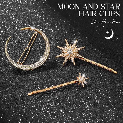 Bartosi Rhinestone Moon Hair Clips Gold Star Hairpins Crystal Decorative Bobby Pin Bride Wedding Hair Pins Side Clip Hair Accessories for Women and Girls (Pack of 3)