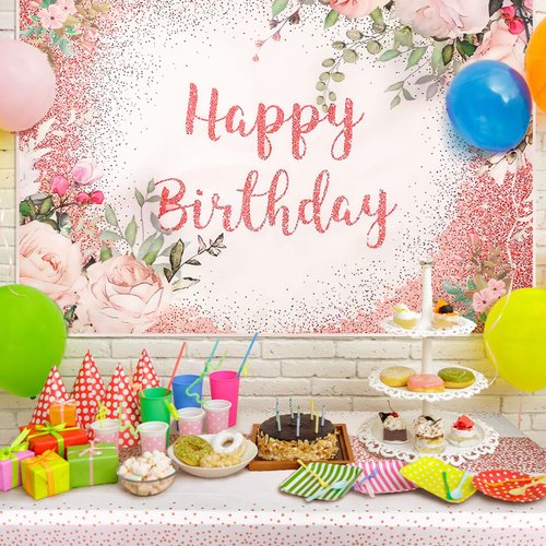 Breling 2 Pcs Pink Rose Gold Birthday Party Supplies Rose Gold Happy Birthday Backdrop Floral Happy Birthday Banner Rose Gold Plastic Tablecloth Table Cover for Photoshoot for Women Party Supplies