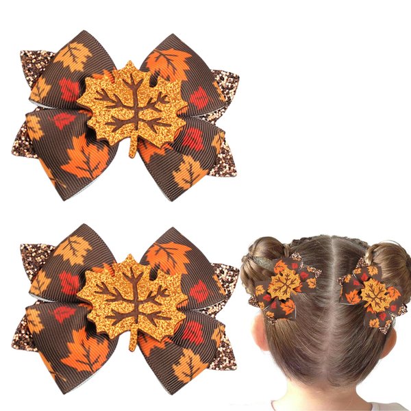 2Pcs Fall Thanksgiving Hair Bow Clips Glitter Maple leaf Hair Bows Alligator Barrettes Autumn Grosgrain Ribbon Hair Accessories Cute Hairpin for Thin Thick Hair Thanksgiving Hair Decoration for Girls