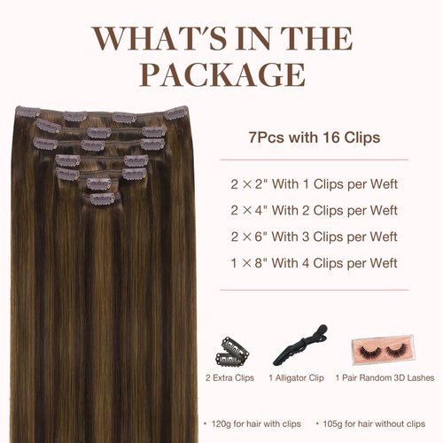 GOO GOO Clip in Hair Extensions Real Human Hair, 26inch 120g 7Pcs, 2C/4E/6C Brown Sugar Swirl Highlights, Remy Human Hair Extensions Clip ins for Women, Natural Human Hair