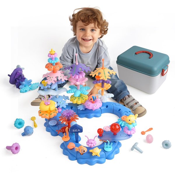 Wulumu 96PCS Ocean Adventures DIY Building Stacking Toys Set,Educational STEM Toy Gift for Kids with Organiser Box,Toddler Learning Toy for Girls/Boys