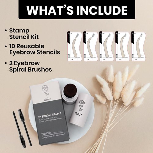 IBAZ Waterproof Eyebrow Stamp Kit: 10 Reusable Stencils, 2 Brushes, Dark Brown