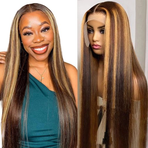 Ombre Highlight Lace Front Wig Human Hair Pre Plucked 4x4 HD Lace Closure Wigs with Baby Hair, 150% Density 4/27 Colored Honey Blonde Straight Lace Front Wigs Human Hair Wigs for Women 20 Inch