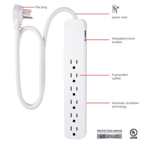 GE Pro 6-Outlet Surge Protector, 2 Ft Extension Cord, 620 Joules, Power Strip, Flat Plug, Integrated Circuit Breaker, Wall Mount, UL Listed, White, 40532