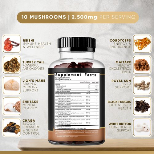 Mushroom Gummies | 10 Mushroom Supplement - 2500mg - Turkey Tail, Chaga, Reishi, Cordyceps & Lions Mane Organic Mushroom Extracts, Nootropic Brain Booster For Focus, Memory, Clarity, Energy | 60ct