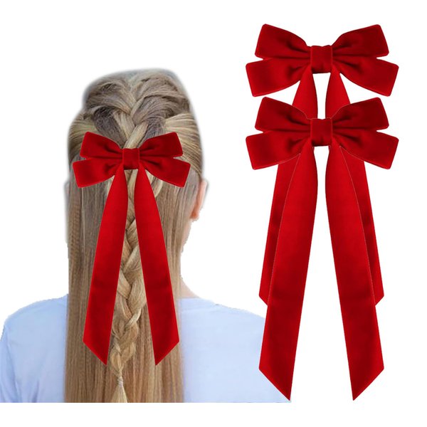 2Pcs Velvet Hair Bows Ribbon for Women Big Fall Alligator Clips Bowknot Hair Ponytail Holder Accessories for Women Girls Toddlers Teens Kids (Red*2)