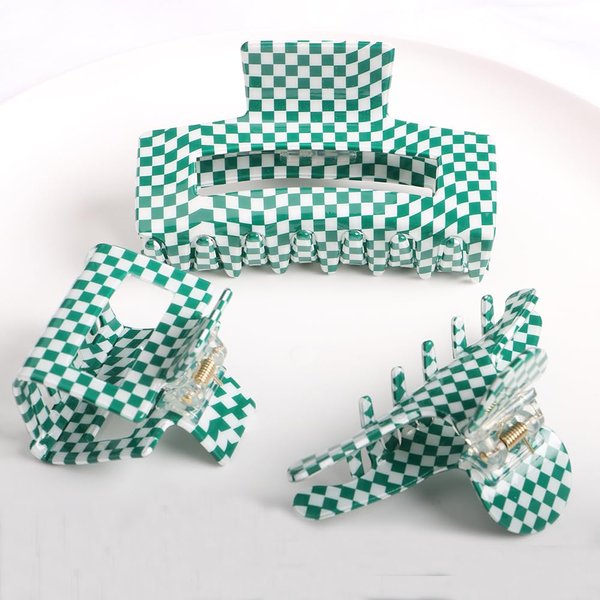 Checkered Hair Claw Clips,Pack of 3,Vintage Green/White Checkered Claw Clips Cellulose Acetate Banana Clips,Nonslip Hair Clamp for Women Girls (Green)