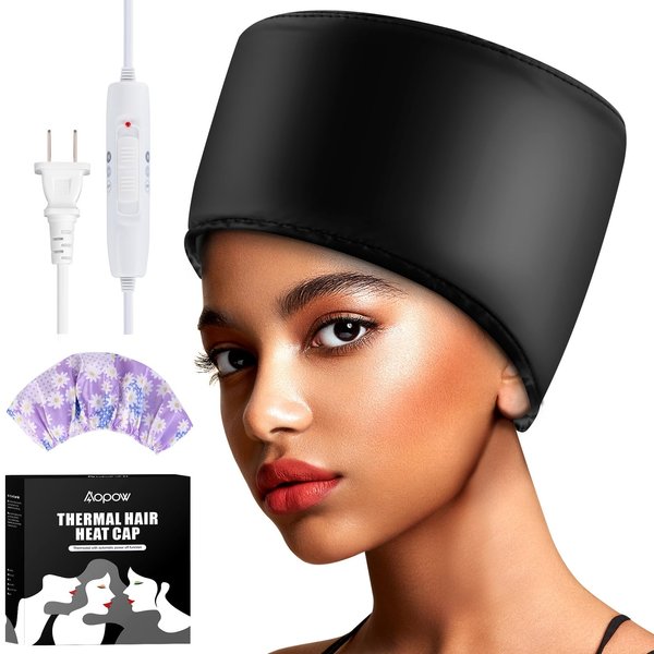 Heated Electric Thermal Steamer Cap for Natural Black Afro Hair - Hot Spa Treatment Hat with Temperature Control for Deep Conditioning at Home - Black