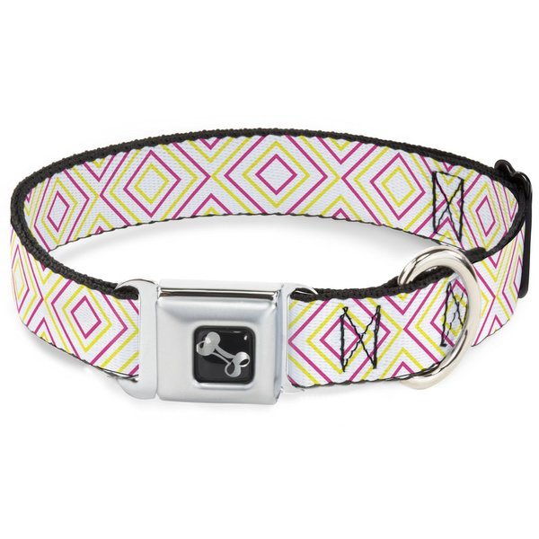 Dog Collar Seatbelt Buckle Square Lines White Fluorescent Orange Pink Yellow 16 to 23 Inches 1.5 Inch Wide