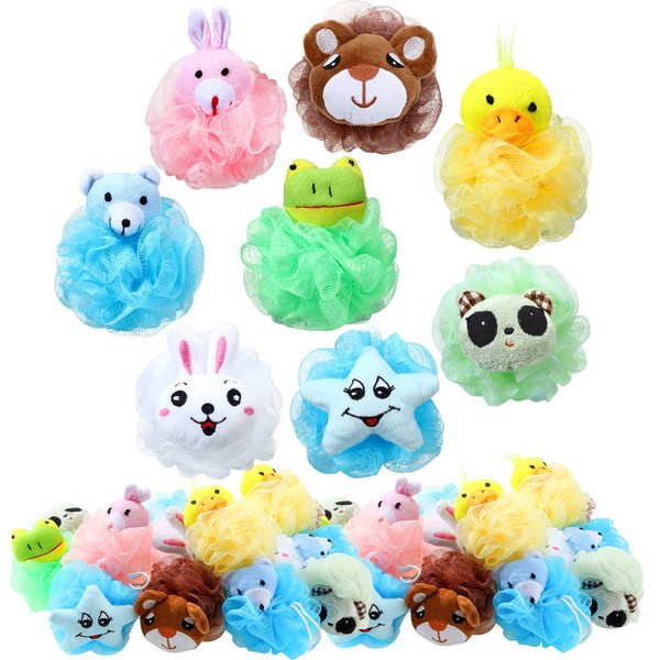 16 Pcs Bath Sponge Animal for Kids Bath Loofahs Cartoon Pouf Shower Puff Mesh Bath Poufs Scrubber Balls Shower Cute Loofah Exfoliating Body Scrubber for Kids Toddler Children Baby Washing